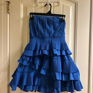 Blue Asymmetrical Ruffled Strapless Mini Dress